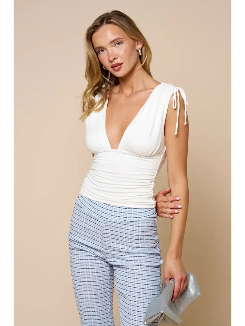 Ruched V-Neck Tie Shoulder Sleeveless Top