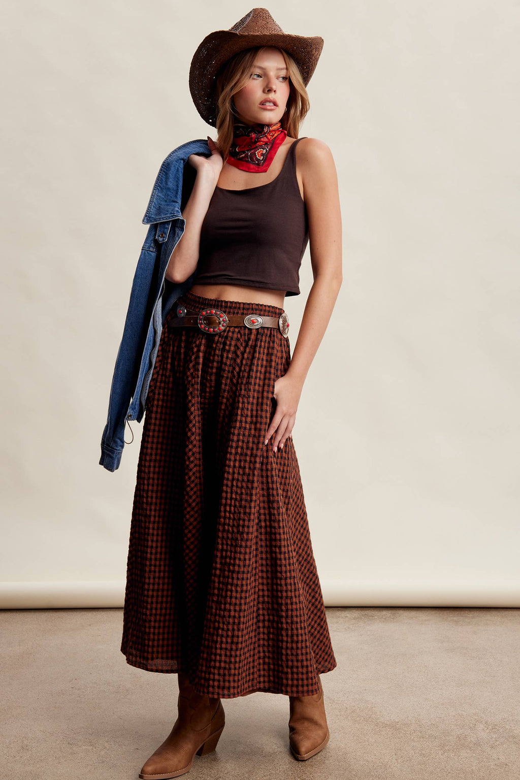 Textured Gingham Maxi Skirt