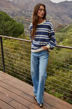 Knit Cotton Striped Crew Neck Long Sleeve Top