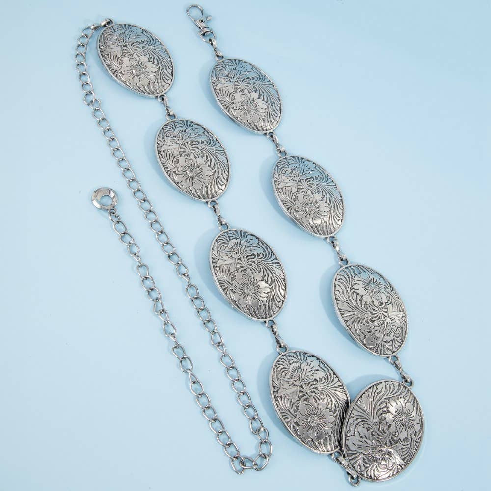 Flower Engraved Oval Concho Chain Belt
