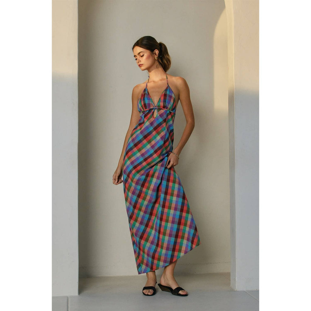 Vibrant Vines Triangle Top Halter Maxi Dress
