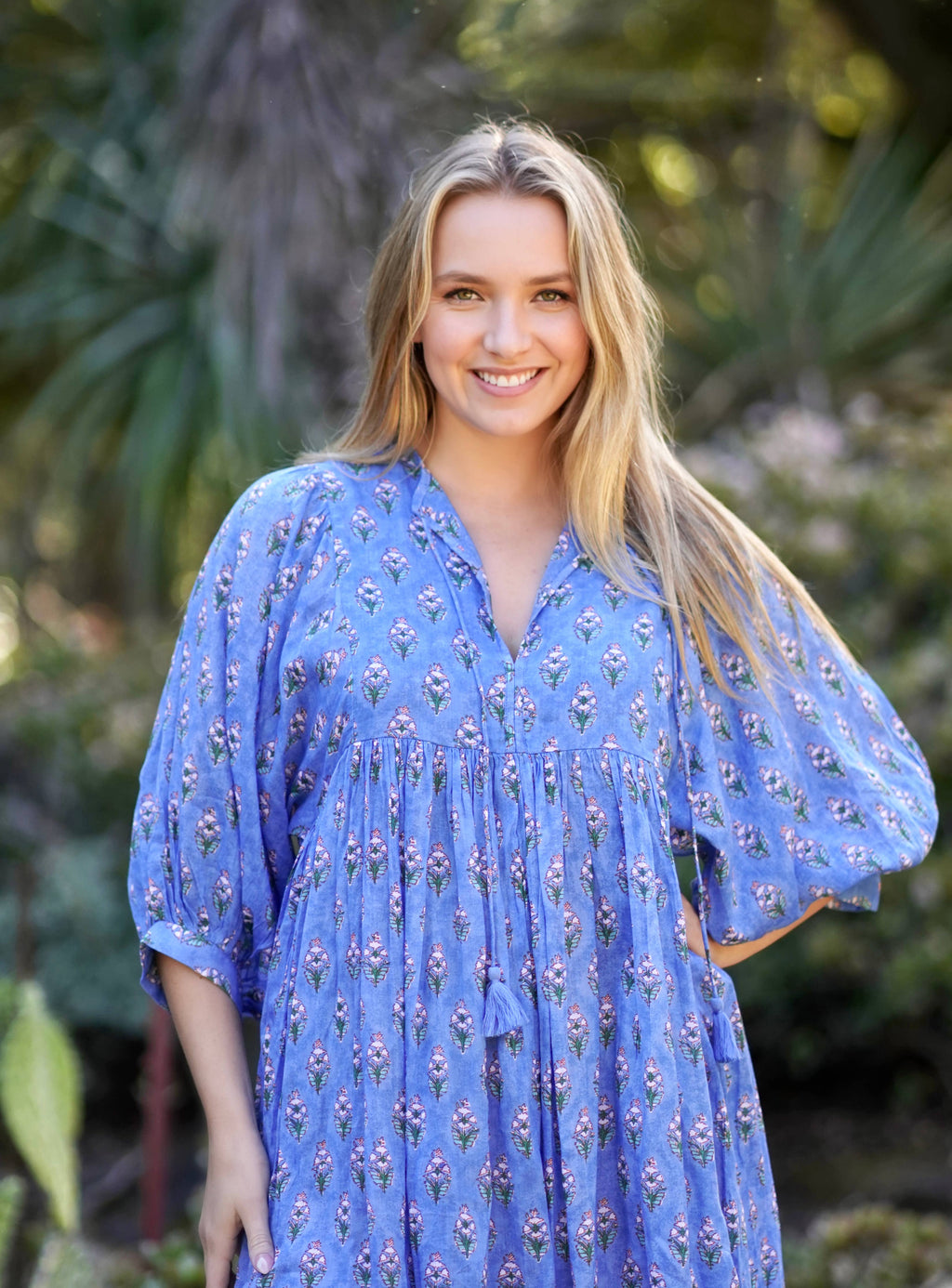 Mylah Midi Dress Block Printed Cotton Blue