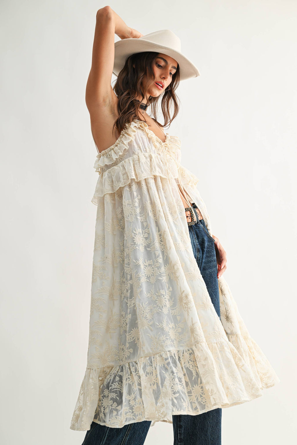 Sheer Floral Lace Ruffle Cover Up Top