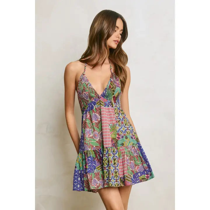 Paisley Patchwork Smocked and Flared Mini Dress