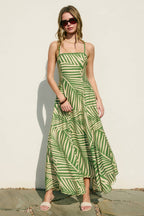 Tropical Leaf Contrast Bind Handkerchief Hem Dress