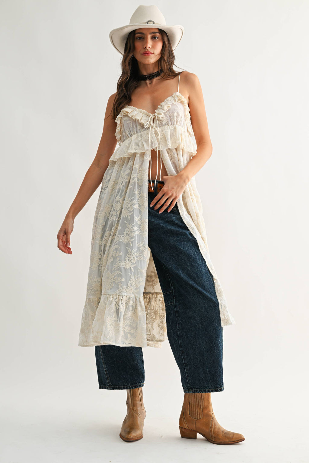 Sheer Floral Lace Ruffle Cover Up Top