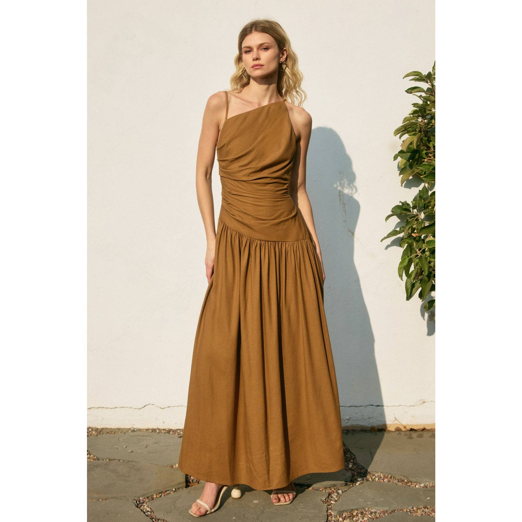 Linen Drop Waist Ruched Maxi Dress