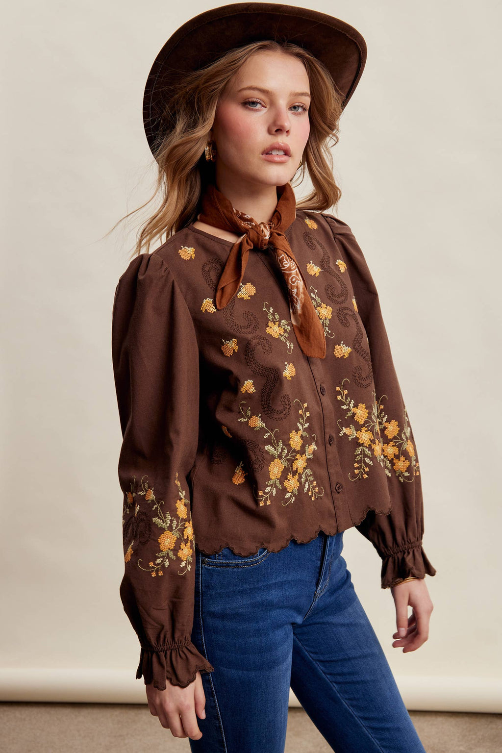 Embroidered Scallop Hem Cotton Blouse