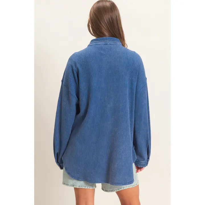 Mineral Wash Waffle Knit Button-Up Shacket