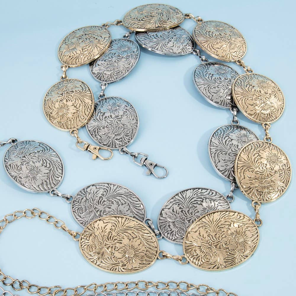 Flower Engraved Oval Concho Chain Belt