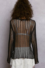 Round Neck Open-Knit Long Sleeve Sheer Sweater Top