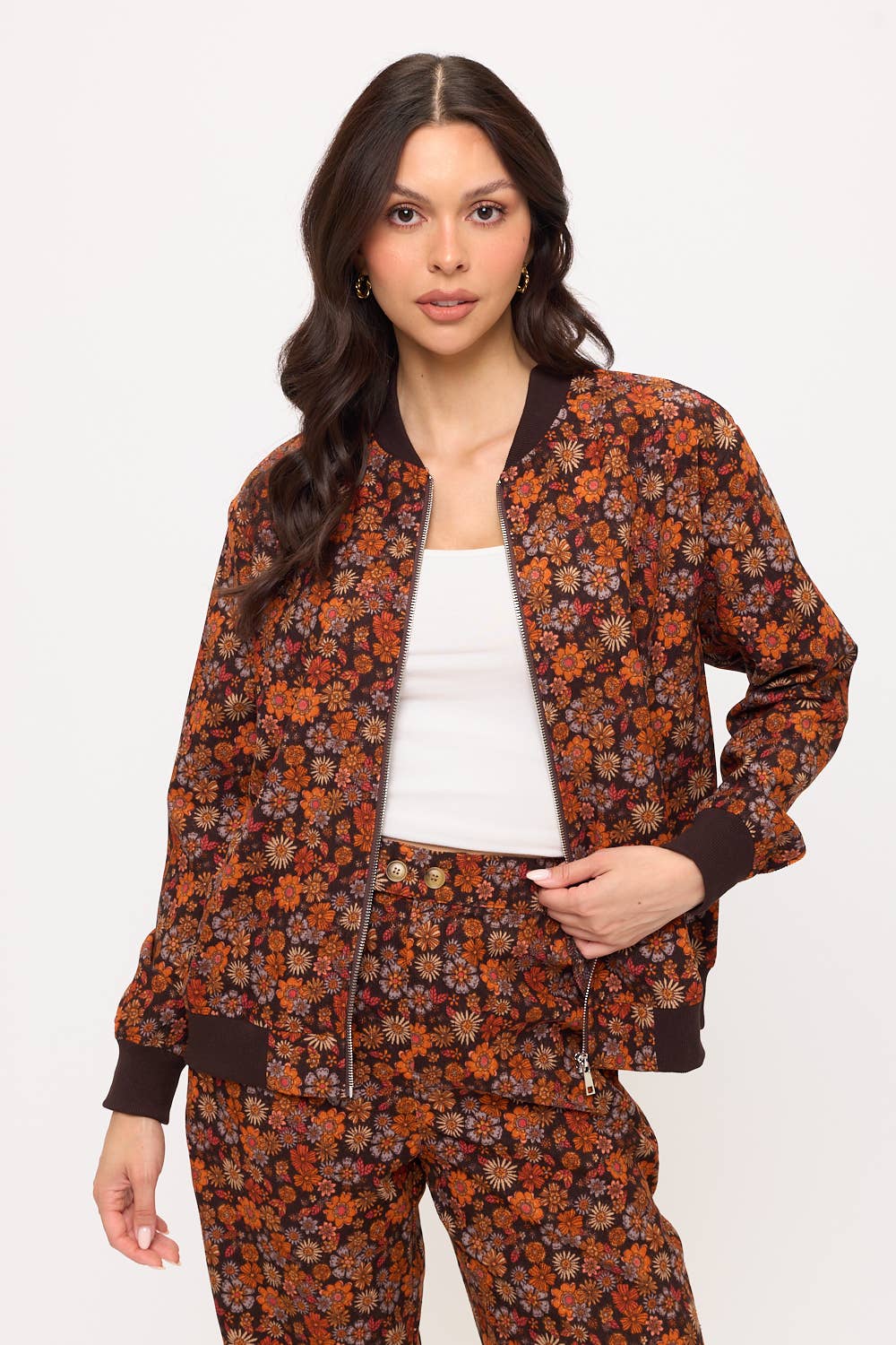 FALL FLORAL PRINT CORDUROY BOMBER JACKET