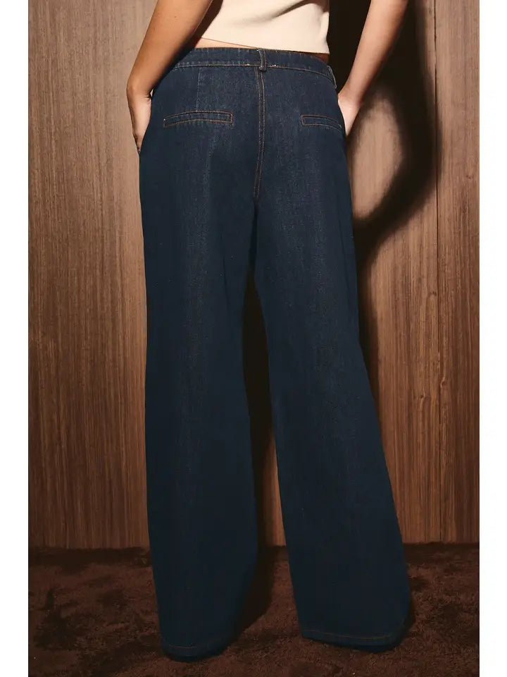 Low Waist Pleated Wide Leg Denim Pants
