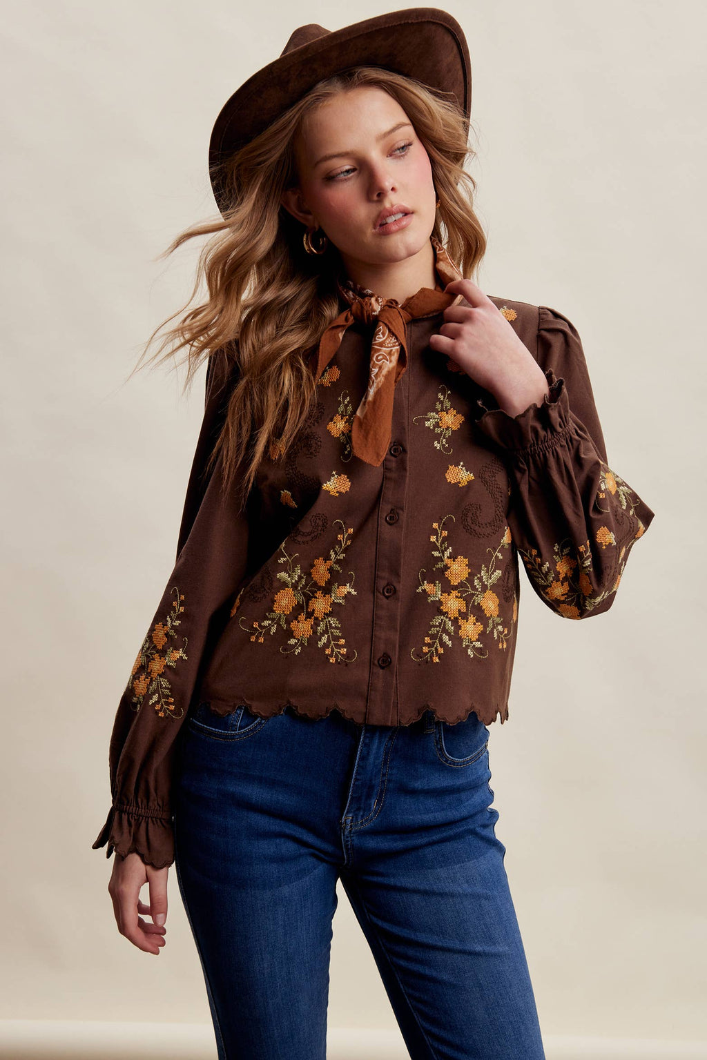 Embroidered Scallop Hem Cotton Blouse