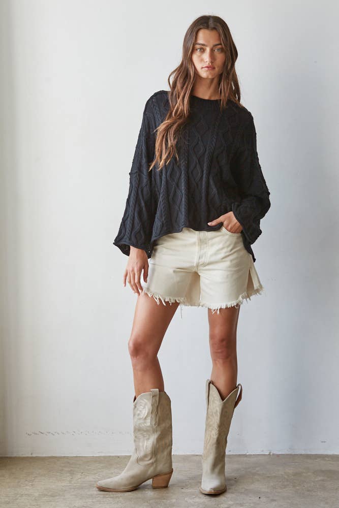 Knit Cable Sweater Cotton 3/4 Sleeve Pullover