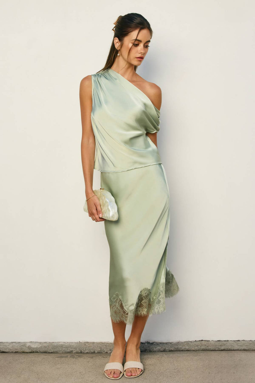 Satin Lace Hem Pencil Skirt