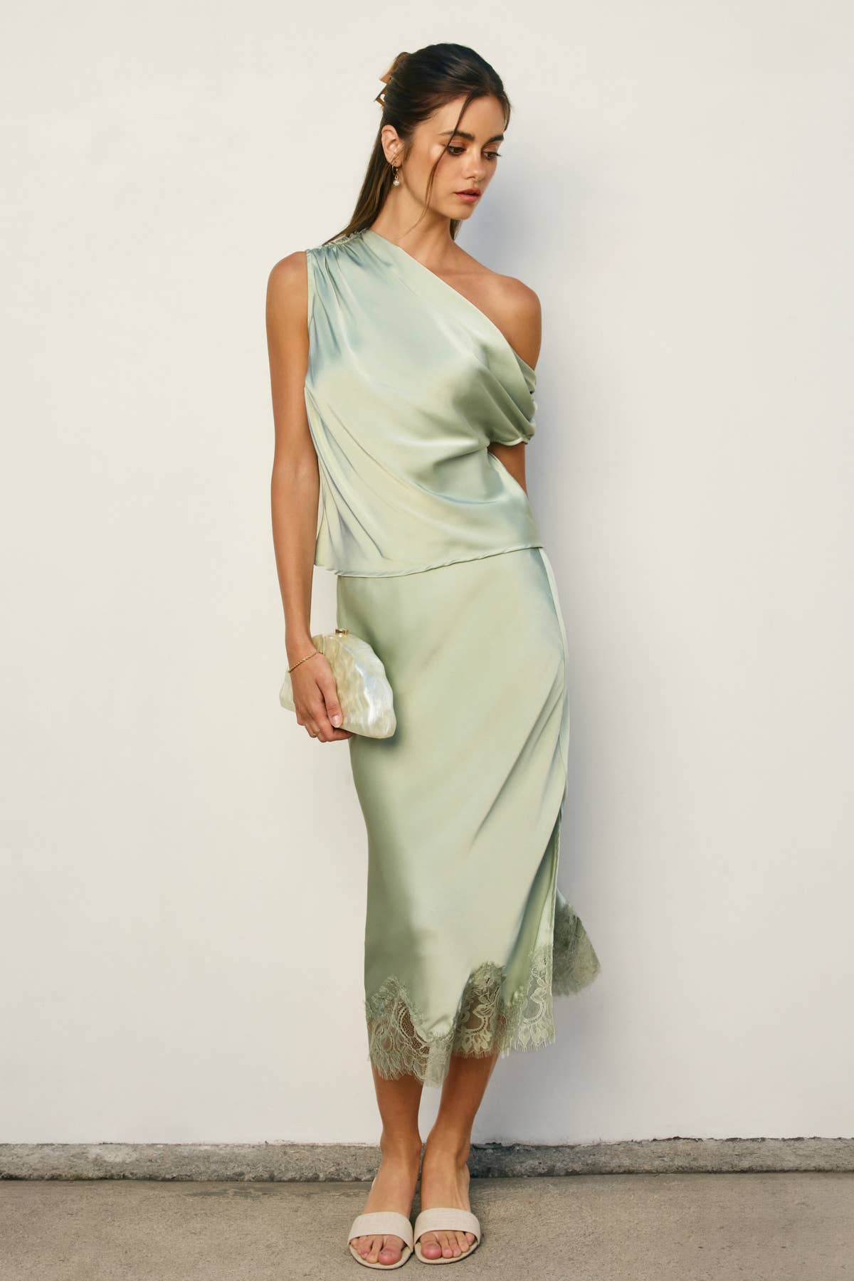 Satin Lace Hem Pencil Skirt
