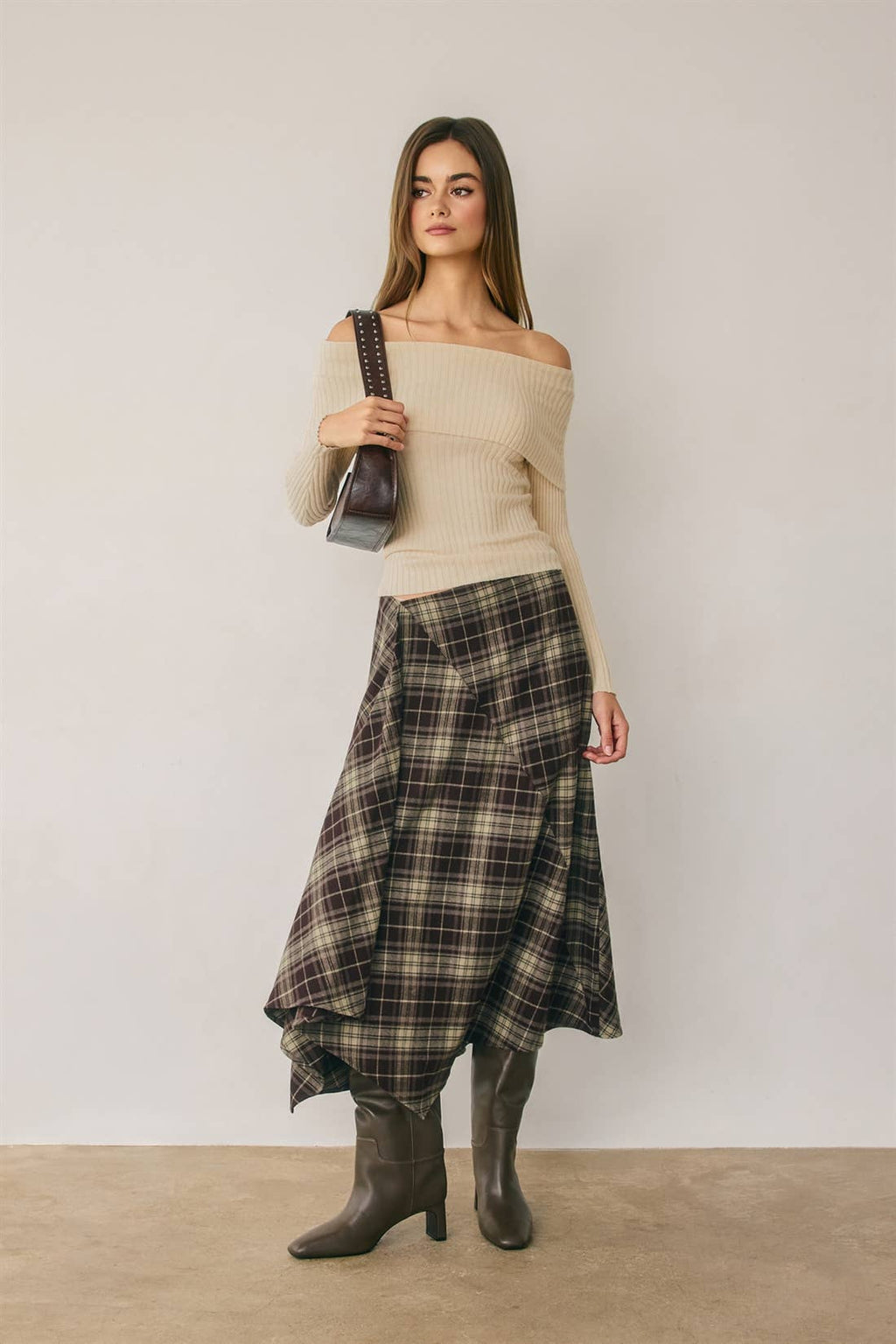 Plaid Asymmetrical Midi Skirt