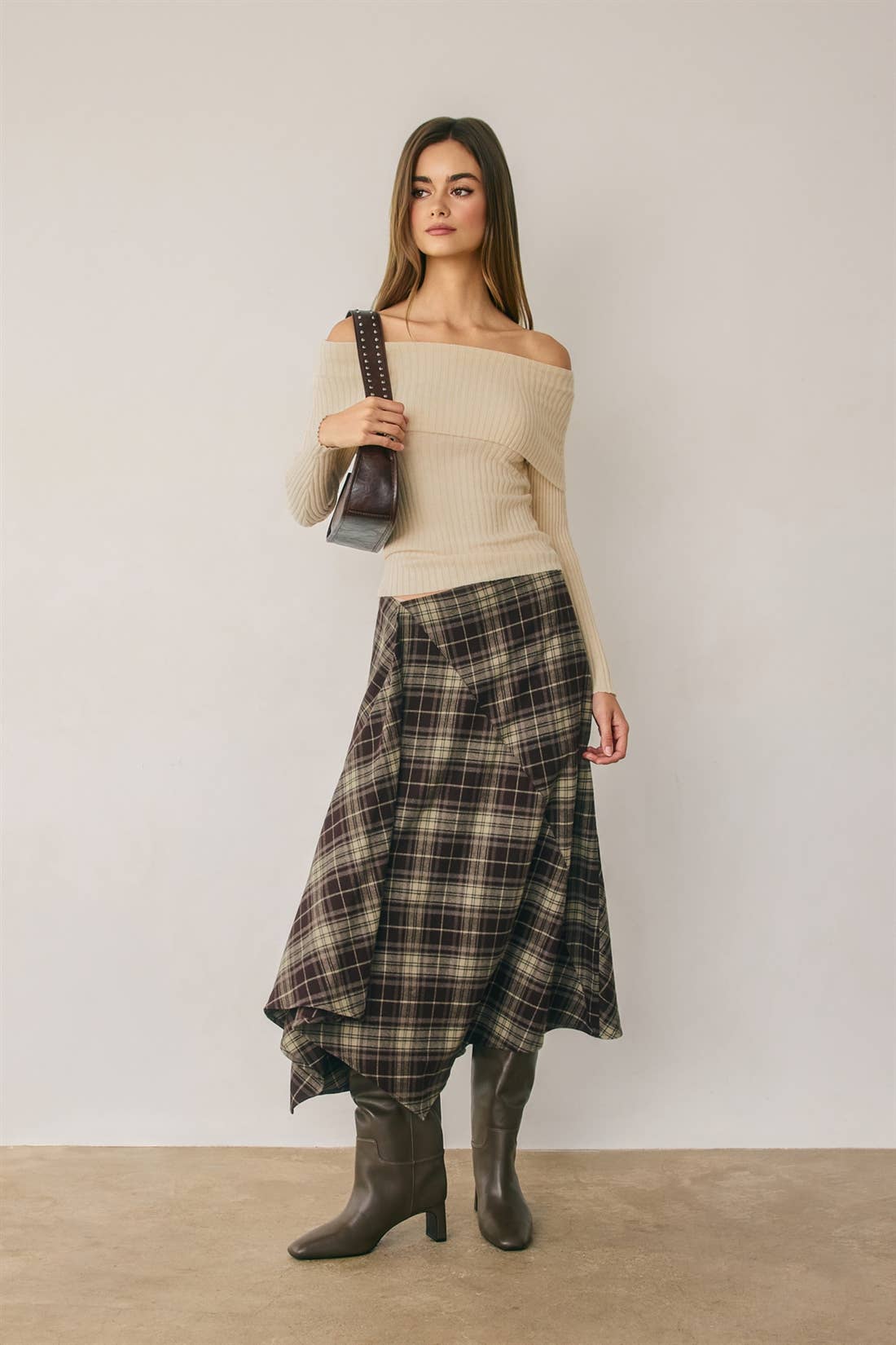 Plaid Asymmetrical Midi Skirt