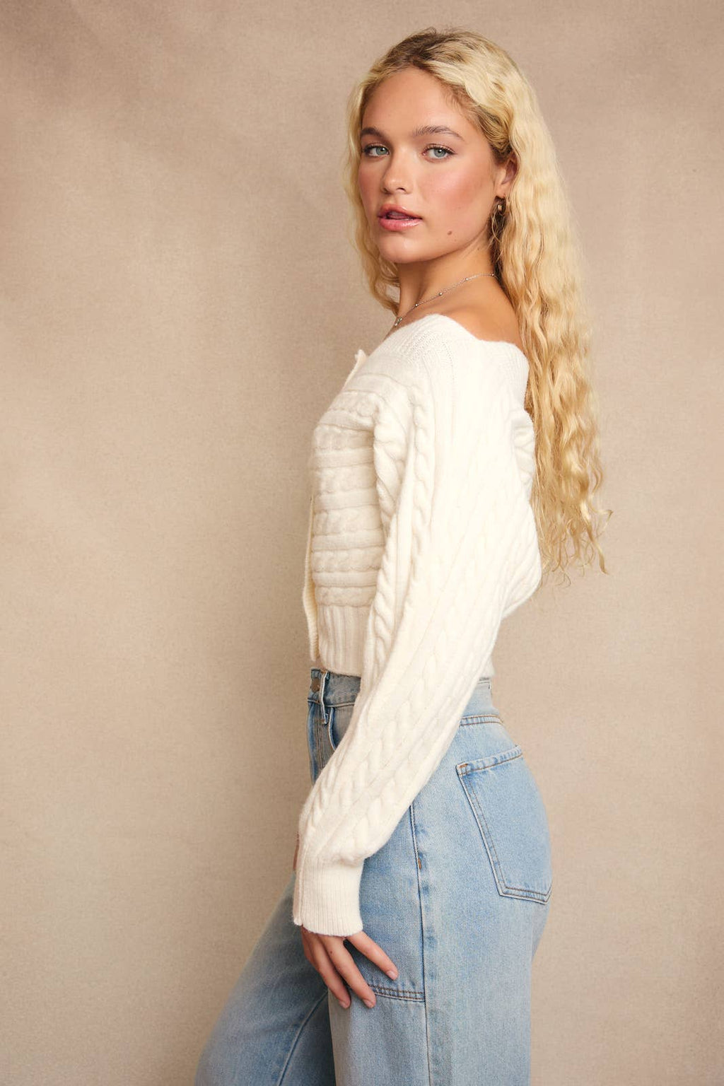 Off-Shoulder Button Sweater