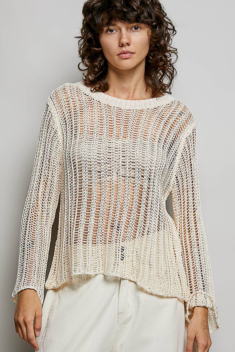 Round Neck Open-Knit Long Sleeve Sheer Sweater Top