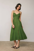 Linen Shirred Bust Button Midi Dress