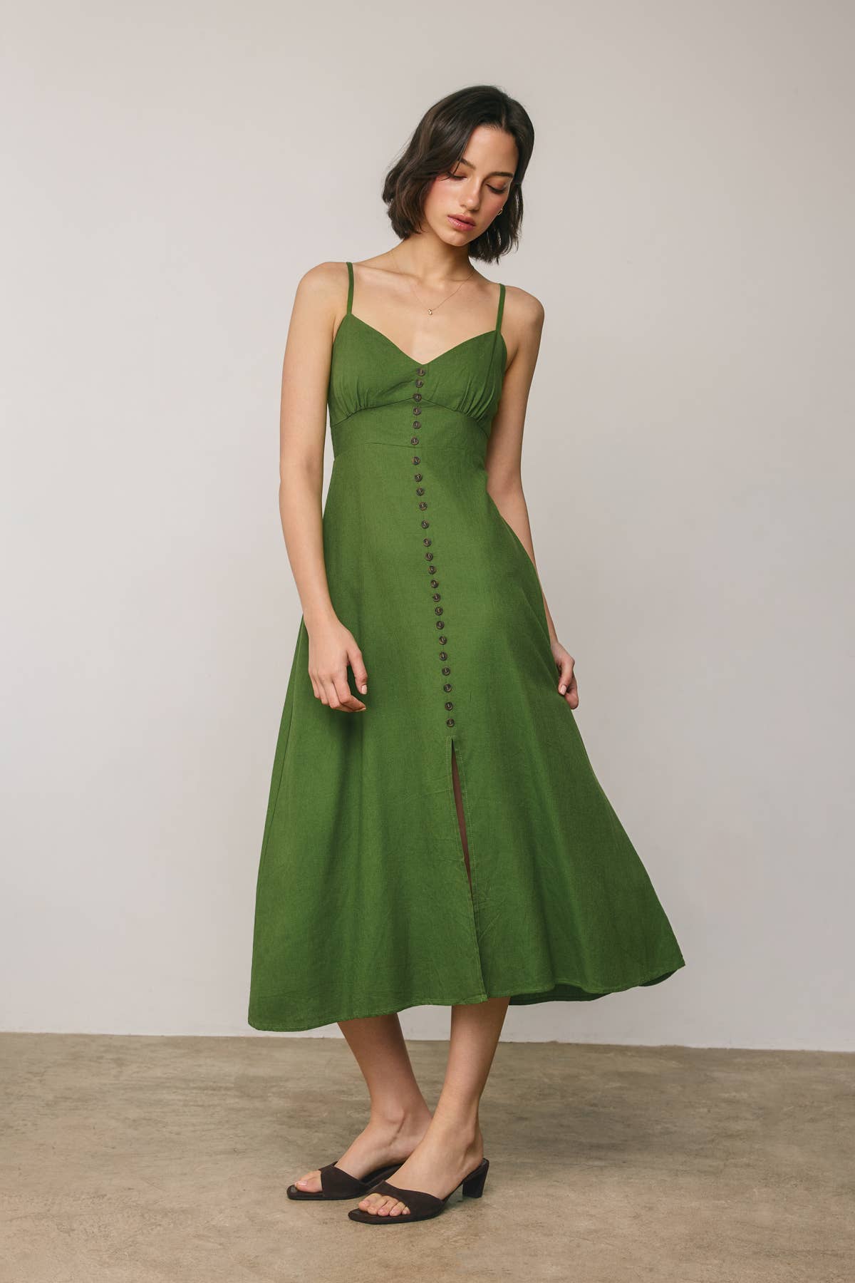 Linen Shirred Bust Button Midi Dress