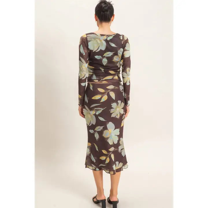 Floral Mesh Top and Skirt Set