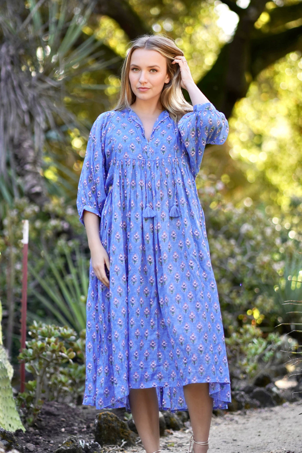 Mylah Midi Dress Block Printed Cotton Blue