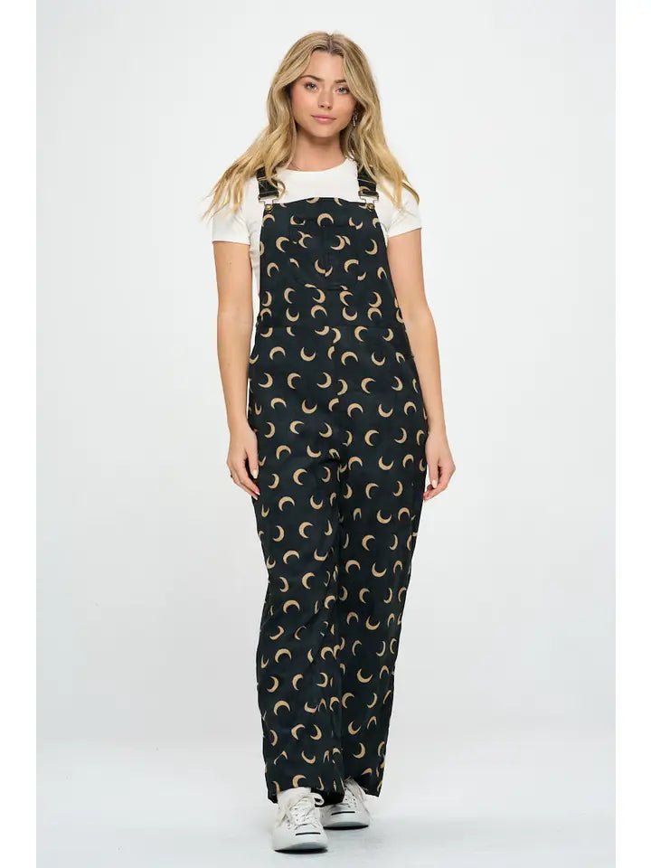 Half Moon Print Corduroy Overalls