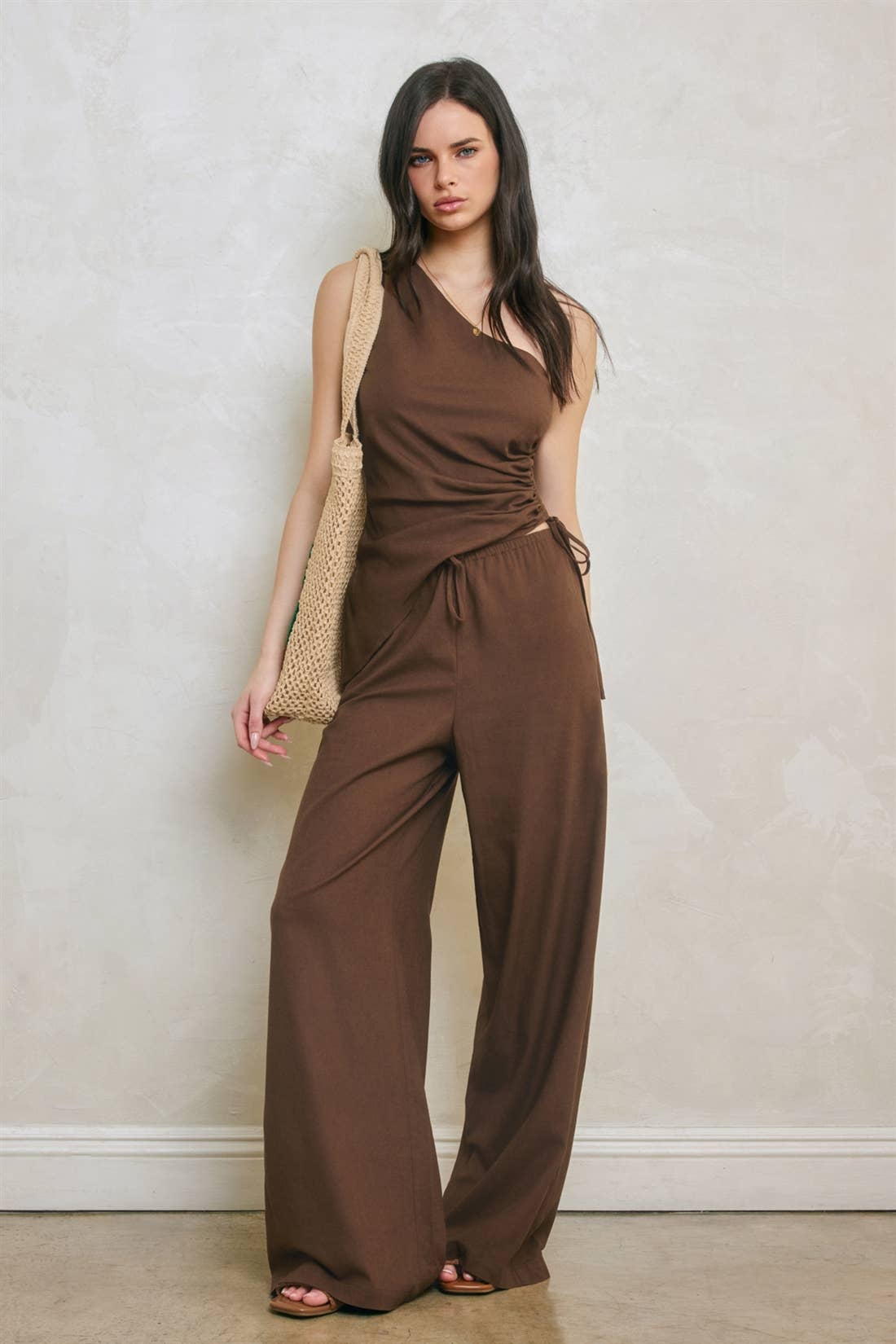 Linen One Shoulder Ruched Top