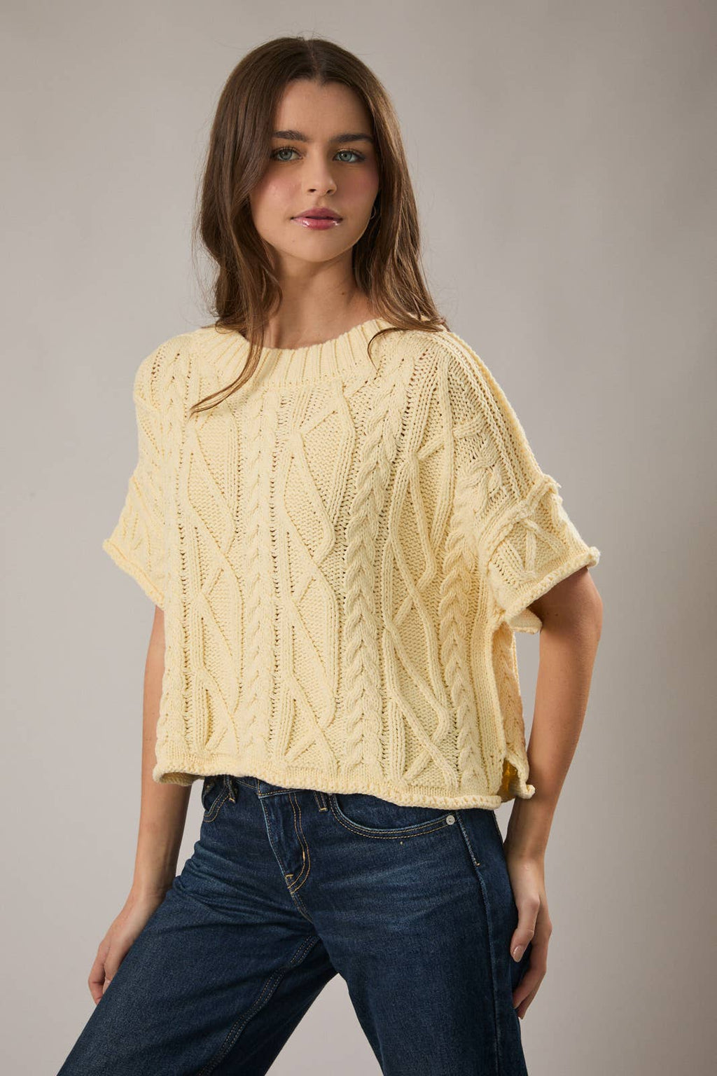 Short Sleeve Cable Knit Sweater