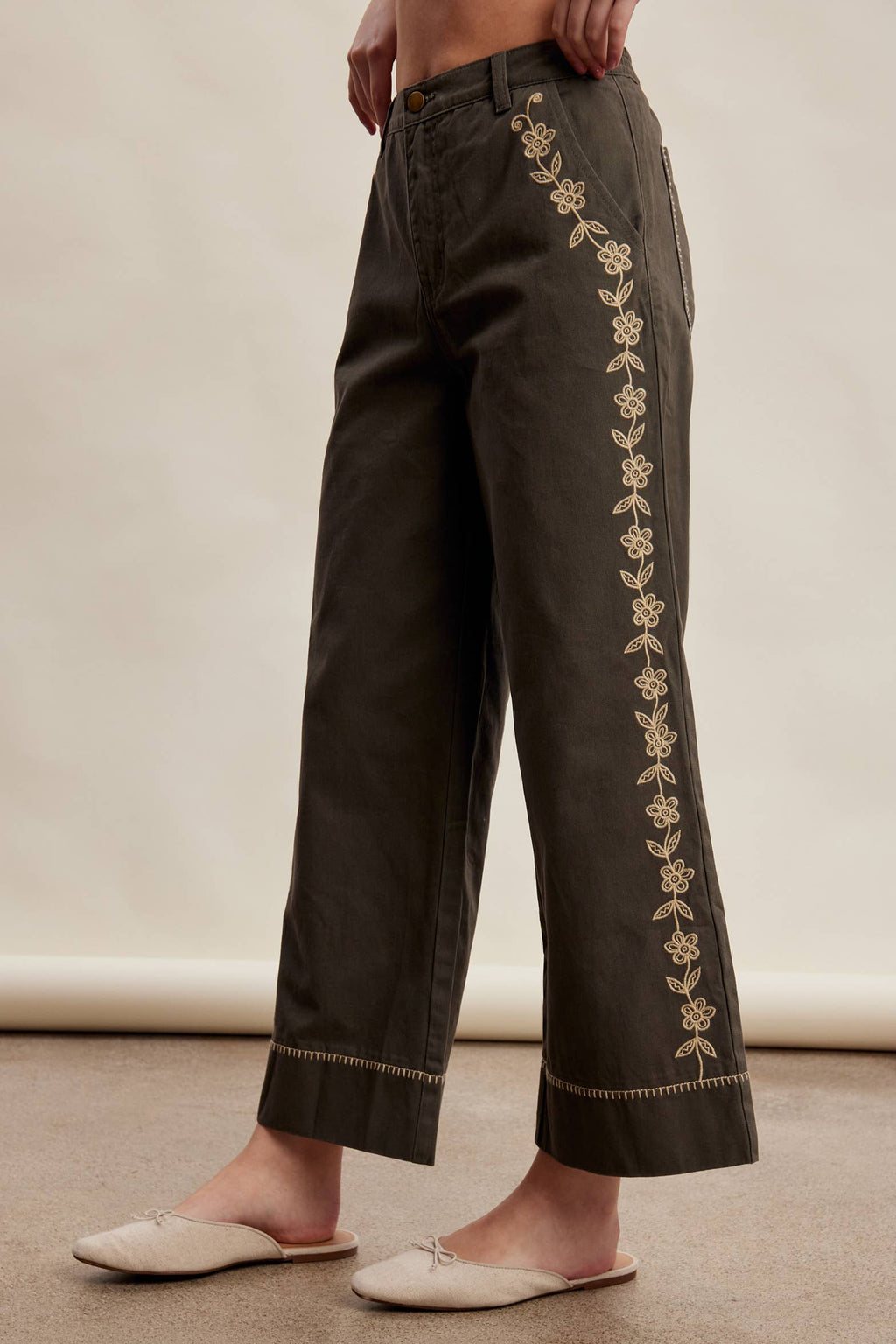 Floral Embroidered Cropped Wide-Leg Pants