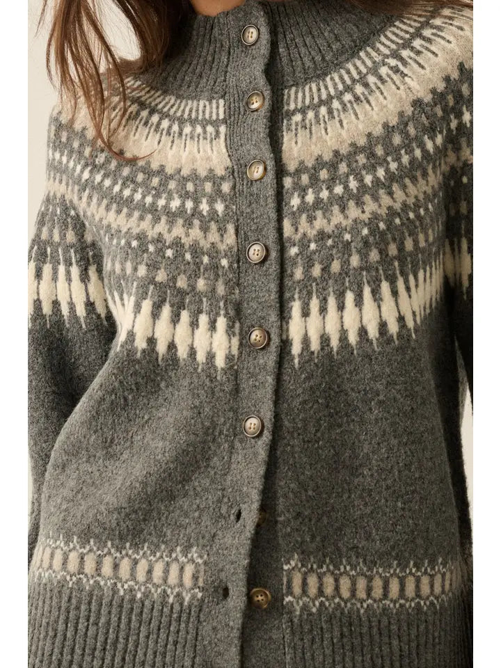 Fair Isle Knit Button-Front Raglan-Sleeve Cardigan