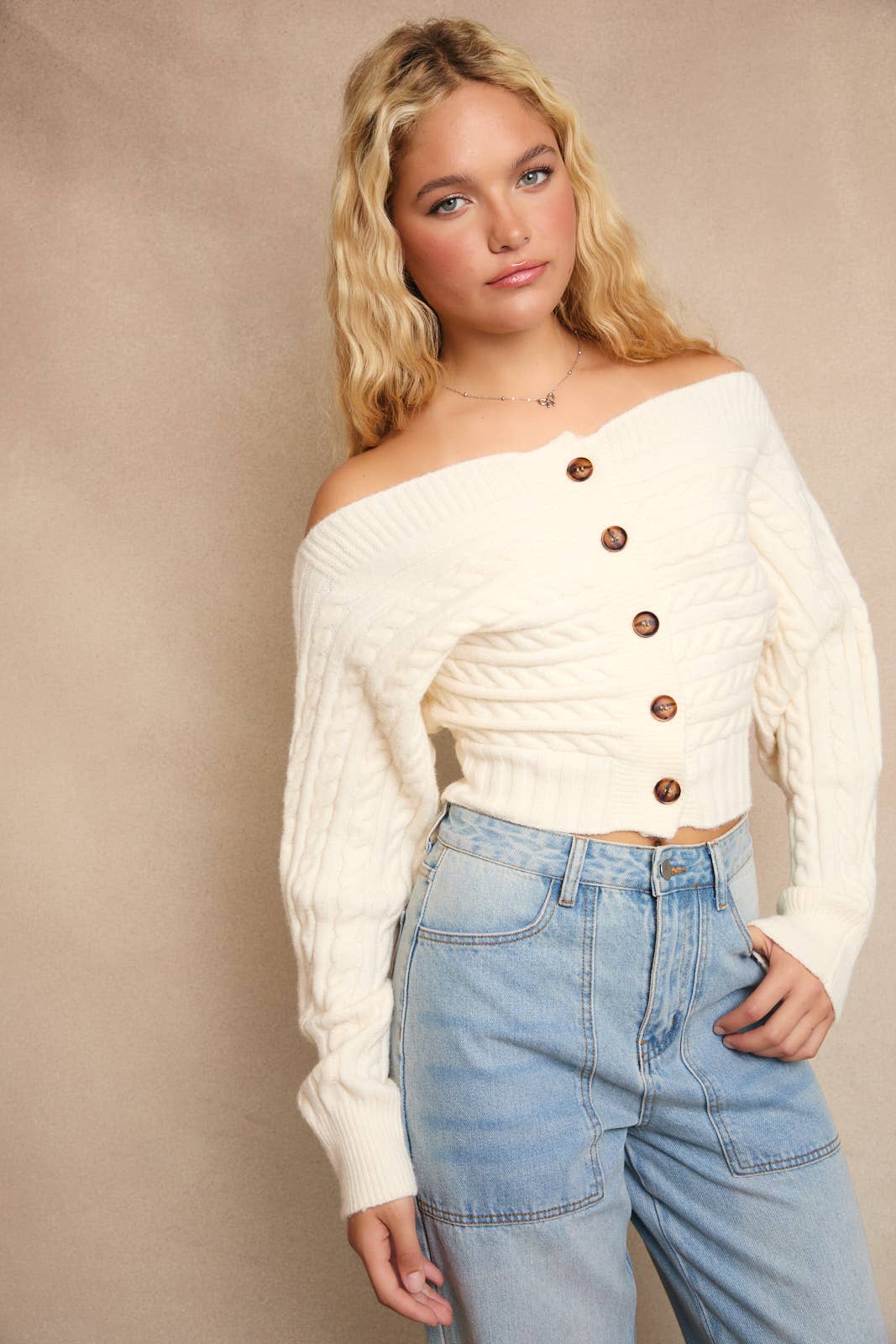 Off-Shoulder Button Sweater