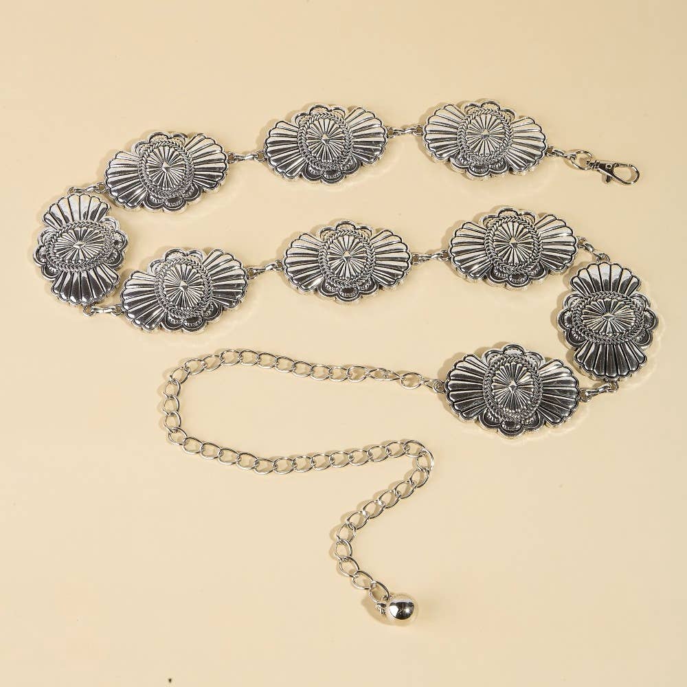 Western Style Oval Sunburst Concho Chain Belt
