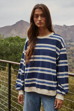 Knit Cotton Striped Crew Neck Long Sleeve Top
