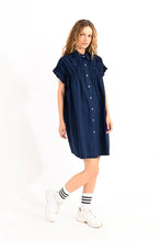 Load image into Gallery viewer, Navy Gathered Shirt Dress