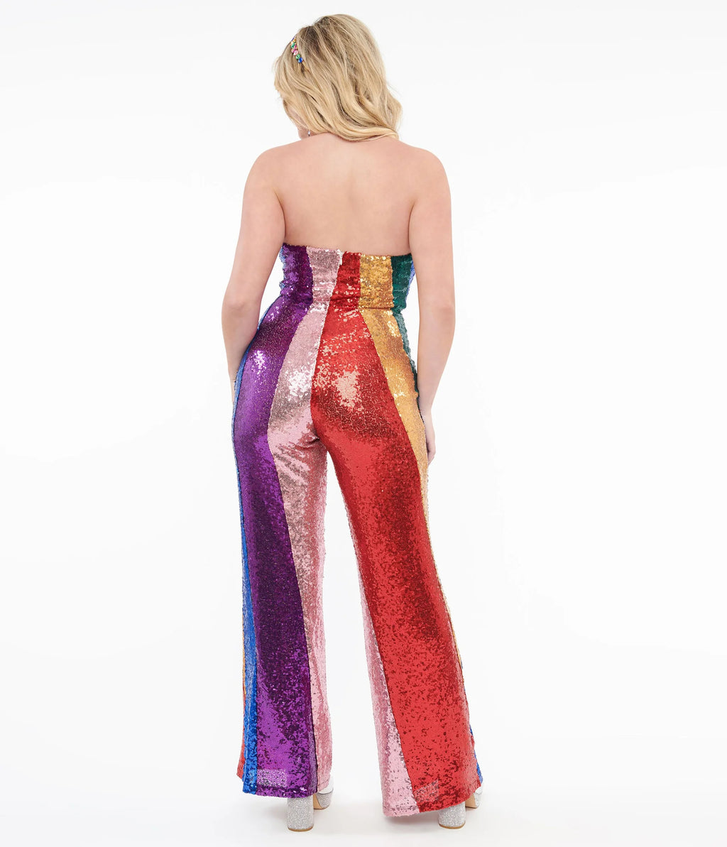 Rainbow Sequins Halter Top Jumpsuit
