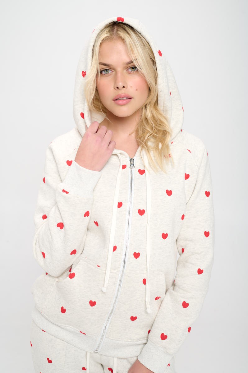 Heart Print Zip Up Hoodie