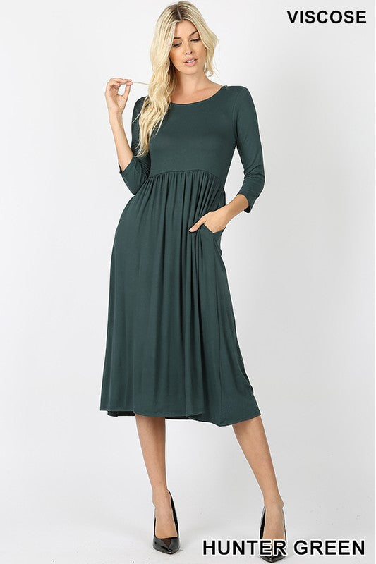 3/4 Sleeve Shirred Waist Dress