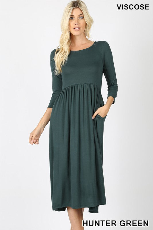 3/4 Sleeve Shirred Waist Dress