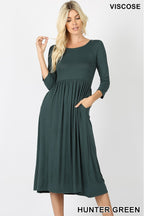 3/4 Sleeve Shirred Waist Dress