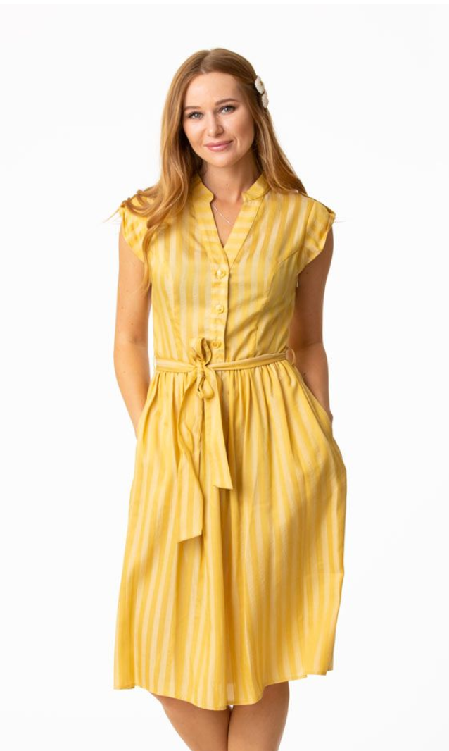 Yellow Gold Button Front Shirtwaist Striped Dress