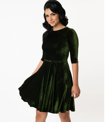 Olive Green Velvet Fit and Flare Dress