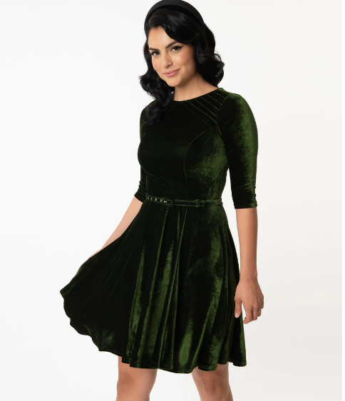 Olive Green Velvet Fit and Flare Dress
