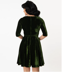 Olive Green Velvet Fit and Flare Dress