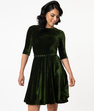 Load image into Gallery viewer, Olive Green Velvet Fit and Flare Dress