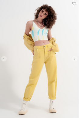 HIGH RISE MOM JEANS WITH PLEAT FRONT IN YELLOW
