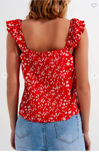 FRILL STRAP CAMI TOP IN RED DITSY FLORAL PRINT